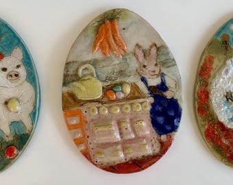 Trio, Ceramic Easter Eggs: Bunny, Sheep and Pig.