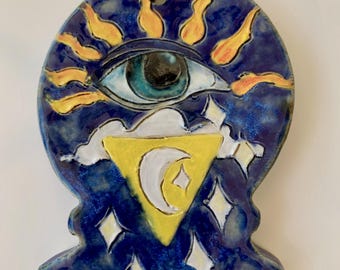 Handmade Ceramic Tarot Eye Ornament: Crystal Ball, Moon & Stars