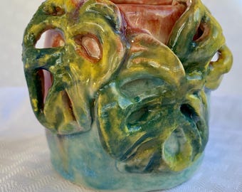 Hand Built Ceramic Bud Vase, Sculpted Monstera Leaves