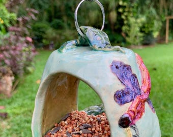 Handmade Ceramic Dragonfly Bird Feeder, Purple Pink Blue Green Glazed Garden Art
