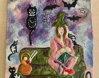 Ceramic Witch Wall Hanging: Knitting Cats & Bats Earthenware Art