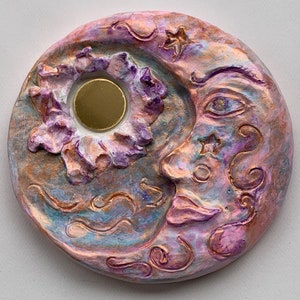 Incense Holder, Crescent Moon in Pink, Green and Orange. 5 inch, gypsum cement round.