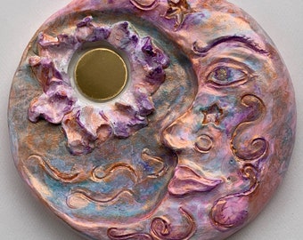 Incense Holder, Crescent Moon in Pink, Green and Orange. 5 inch, gypsum cement round.