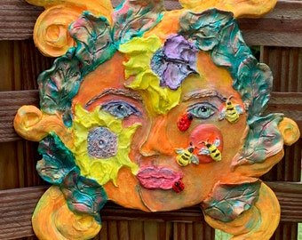 Handmade Cement Sun Face Wall Art with Ladybugs & Bees