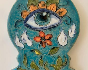 Ceramic Tarot Eye Ornament: Teal Floral Stoneware, Handmade