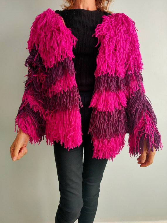 80s Pink Shaggy Cardigan - Etsy