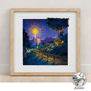Ilustración de la fiesta de cumpleaños de despedida de Bilbo / Tolkien / Tierra Media / descarga digital