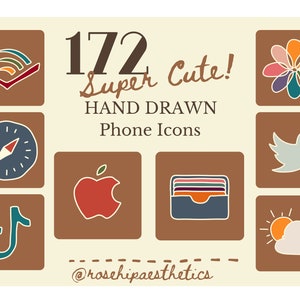 172 lindos iconos personalizados dibujados a mano para iPhone / monocromo y color / logotipos ilustrados con temática de otoño / marrón rosa beige / fondo de pantalla gratuito
