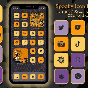 373 Spooky HALLOWEEN Themed Hand Drawn Custom Icons para iPhone / Orange Purple Black / Free Wallpaper & Widgets