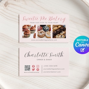 May include: Two pink business cards with the text "Sweetie Pie Bakery" and "Charlotte Smith, Owner & Baker." The cards feature images of baked goods and contact information, including a website and social media handles. A Canva logo is also present.
