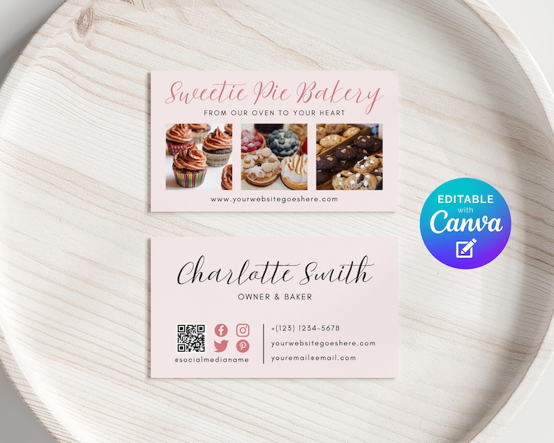 May include: Two pink business cards with the text "Sweetie Pie Bakery" and "Charlotte Smith, Owner & Baker." The cards feature images of baked goods and contact information, including a website and social media handles. A Canva logo is also present.