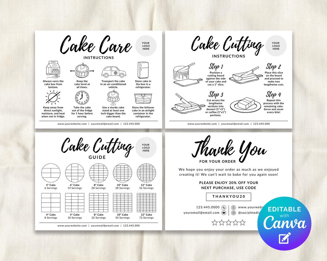 Cake Care Cards Bundle Editable Template, Cake Cutting Guide ...