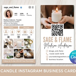 May include: A business card and Instagram profile mockup for Sage & Flame candles. The card features the brand name, contact information, and a QR code. The Instagram profile displays a profile picture, follower count, and a grid of candle images.