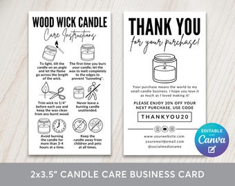 Guida alla cura delle candele con stoppino in legno, modello modificabile per biglietti da visita, etichette con istruzioni per candele, inserti di ringraziamento per biglietti con stoppino in legno, Canva