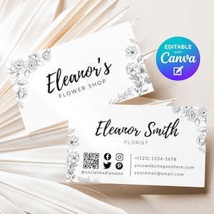 Florist Business Card Editable Template, Minimalist Black And White Flower Shop DIY Business Name Card, Floral Flowers Business Calling Card