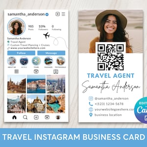 Könnte beinhalten: Design einer Visitenkarte und eines Instagram-Profils für einen Reisebüroangestellten. Das Profil zeigt ein Foto, die Anzahl der Follower und Kontaktinformationen. Die Visitenkarte zeigt ein Foto, einen QR-Code und Kontaktdaten. Das Design ist hellblau und weiß.