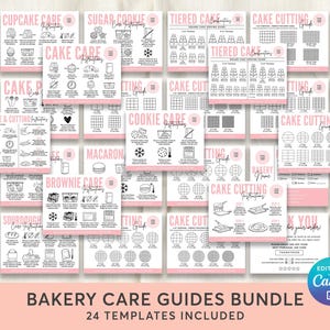 Op de afbeelding: Een verzameling roze en witte bakkerijverzorgingsgidsen, inclusief instructies voor cupcakes, cakes, koekjes en brownies. De gidsen bevatten illustraties en tekst, met de titel "BAKERY CARE GUIDES BUNDLE" onderaan. Het Canva-logo is zichtbaar.