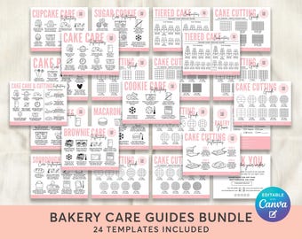 Pacchetto di 24 modelli Canva per la cura della pasticceria, istruzioni per la cura di cupcake, biscotti, macaron e brownie, tabella di taglio per torte per piccole imprese