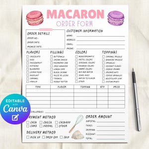 May include: A printable macaron order form with watercolor illustrations of macarons in pink and purple. The form includes sections for order details, flavors, fillings, colors, toppings, and customer information. A black pen rests on the right side.