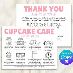 May include: Two white cards with pink text. One says "Thank You For Your Order" and the other says "Cupcake Care Instructions." The instructions include illustrations and text about cupcake handling and storage.