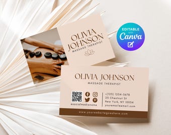 Massage Therapist Business Card Editable Template, Professional Masseuse Calling Card For Masseur, Massage Therapy Card With QR Code Canva