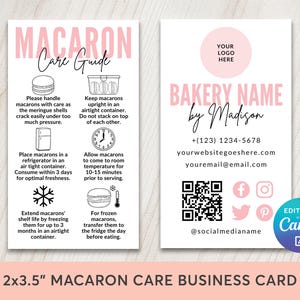 Macaron Care Instructions Business Card Editable Template, Mini Macarons Care Guide Business Cards Label, DIY Bakery Business Insert Card