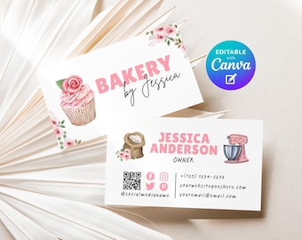Bakery Business Card Editable Template, Cupcake Shop DIY Business Name Card, Floral Custom QR Code Home Bakery Small Business Watercolor