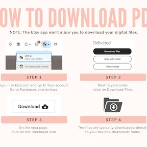 K&ouml;nnte beinhalten: Eine Anleitung zum Herunterladen einer PDF-Datei von Etsy mit Anweisungen in vier Schritten. Der Text enth&auml;lt oben "HOW TO DOWNLOAD PDF" und "NOTE: The Etsy app won't allow you to download your digital files."