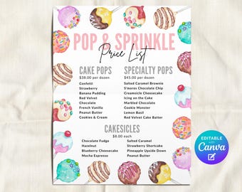 Modello modificabile per listino prezzi di cake pop, menù di cake pop per pasticceria casalinga, menù di dolci carini per pasticceria casalinga, volantino per vendita di dolci e dessert