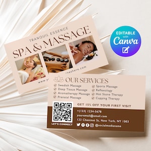May include: Spa and Massage business card design. The card features the text "Tranquil Essence Spa & Massage" with three images of spa treatments. The card also lists services and contact information, including a QR code and the text "Get 15% off your first visit."