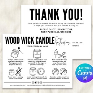 May include: Two white cards with black text. One card says "THANK YOU!" and offers a 20% discount. The other card says "WOOD WICK CANDLE Care Instructions" and provides candle care tips with illustrations. The cards are designed for a small candle business.