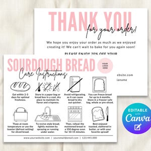 May include: Two-sided pink and white card with the text "THANK YOU for your order!" and "SOURDOUGH BREAD Care Instructions." The card includes care tips, a logo placeholder, and website information. The card is editable with Canva.