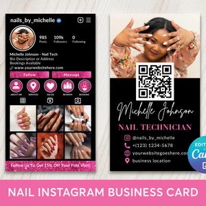 Modèle modifiable de carte de visite Instagram pour ongles, carte de visite rose pailletée Nail Tech IG pour technicienne en pose de ongles, image de marque de salon de manucure, édition Canva