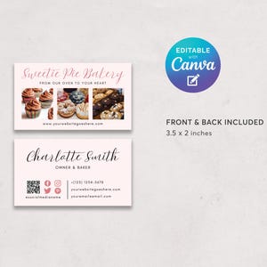May include: A light pink business card design for Sweetie Pie Bakery. The front features the bakery's name and a collage of baked goods. The back includes the owner's name, contact info, and social media handles. The card measures 3.5 x 2 inches.