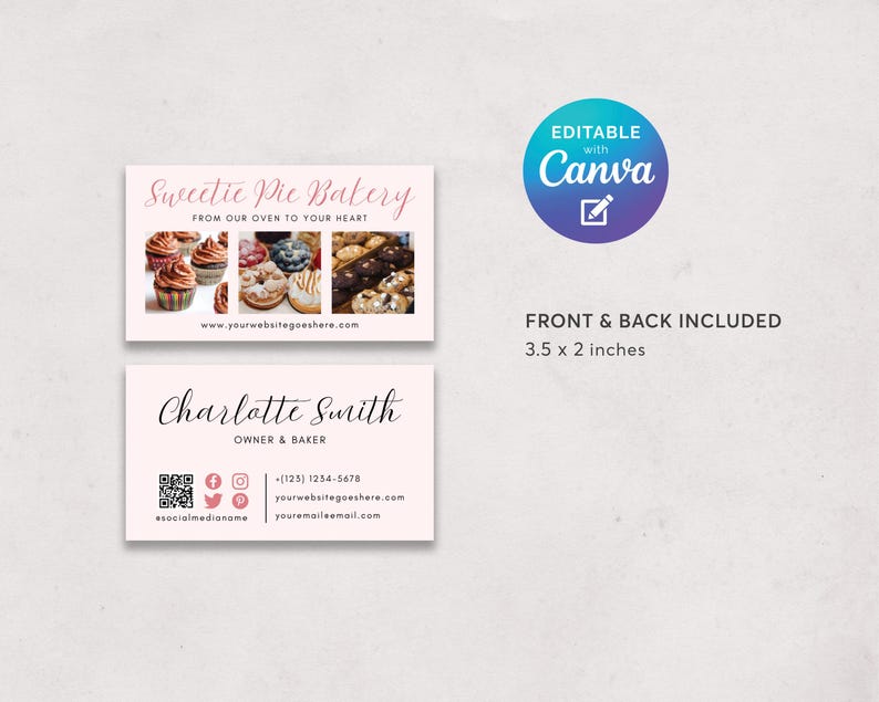 May include: A light pink business card design for Sweetie Pie Bakery. The front features the bakery's name and a collage of baked goods. The back includes the owner's name, contact info, and social media handles. The card measures 3.5 x 2 inches.