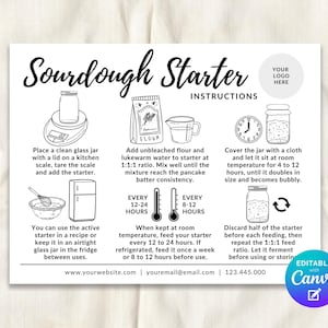 May include: Black and white instructional guide for making sourdough starter. The guide includes illustrations of ingredients and steps, such as adding flour and water, and instructions for feeding and storing the starter. The text includes the words "Sourdough Starter Instructions."