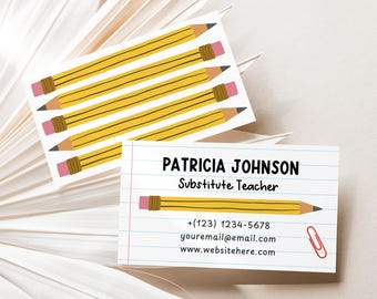 Modello di biglietto da visita per insegnante supplente, biglietto da visita per tutor elementare con tema matita minimale, ritorno a scuola, download digitale