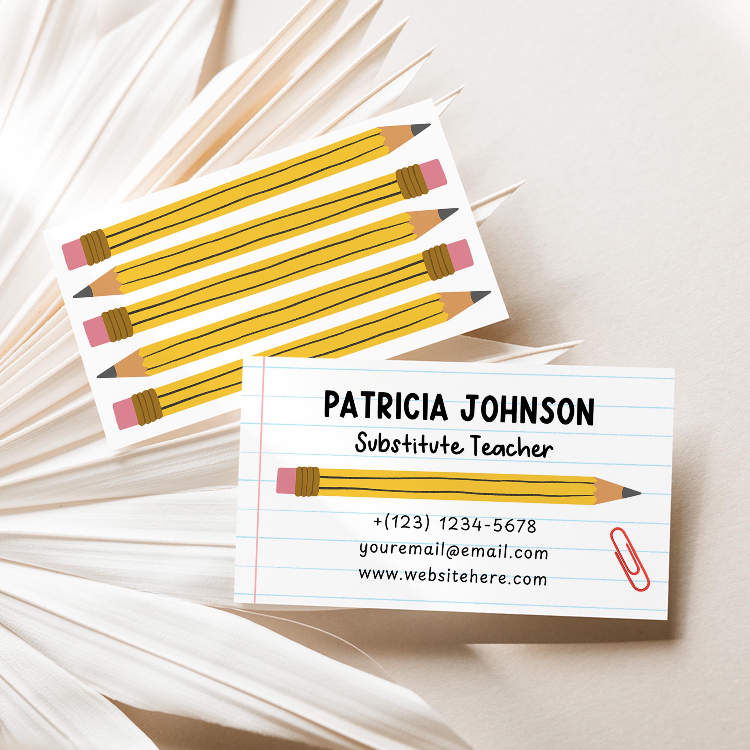 Substitute Teacher Business Card Template, Minimal Pencil Theme ...