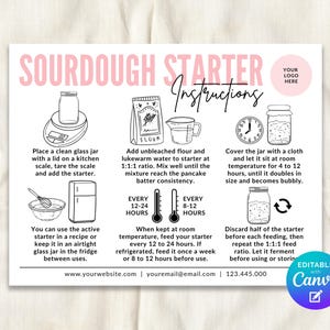 Peut inclure: Un guide illustré rose et blanc pour faire du levain. Les instructions comprennent les étapes de mélange, d'alimentation et de stockage du levain. Le guide présente des illustrations d'un bocal, d'une balance, de farine et d'une horloge.