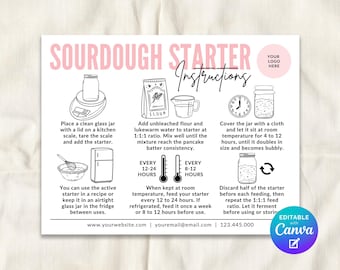 Zuurdesemstarter Onderhoudshandleiding Instructies kaart bewerkbare sjabloon, etiketten zuurdesemstarter voedingsschema, broodbakkerij Zakelijke verpakking