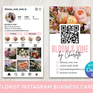 Pode incluir: Maquete de cartão de visita e perfil do Instagram para uma florista. O cartão apresenta um arranjo floral, um código QR e o texto "BLOOM & VINE by Charlotte". O perfil do Instagram exibe uma foto do perfil, a contagem de seguidores e uma grade de arranjos florais.