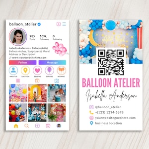 Op de afbeelding: Visitekaartje en social media profiel voor "Balloon Atelier" van Isabella Anderson. De kaart toont een QR-code, contactgegevens en een ballonboogontwerp. Het profiel toont een profielfoto, het aantal volgers en voorbeelden van ballonkunst.