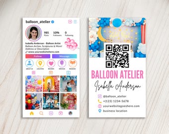 Balloon Artist Instagram Business Card Editable Template, Rainbow Balloon Bouquets Business IG Social Media Calling Card With QR Code Canva