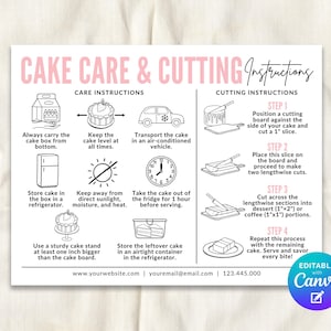 May include: A white card with pink text and black illustrations detailing cake care and cutting instructions. The card includes steps for storing, transporting, and serving cake. The text includes "Cake Care & Cutting Instructions" and "Editable with Canva."