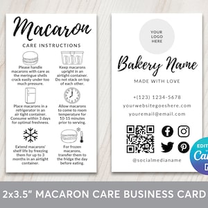 Macaron Care Instructions Business Card Editable Template, Mini Macarons Care Guide Business Cards Label, DIY Bakery Business Insert Card