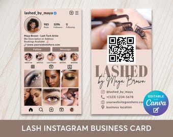May include: A business card design for a lash technician, featuring a light pink background. The card includes the text "Lashed by Maya Brown," Instagram handle, phone number, and website. The design also showcases a QR code and images of lash extensions.