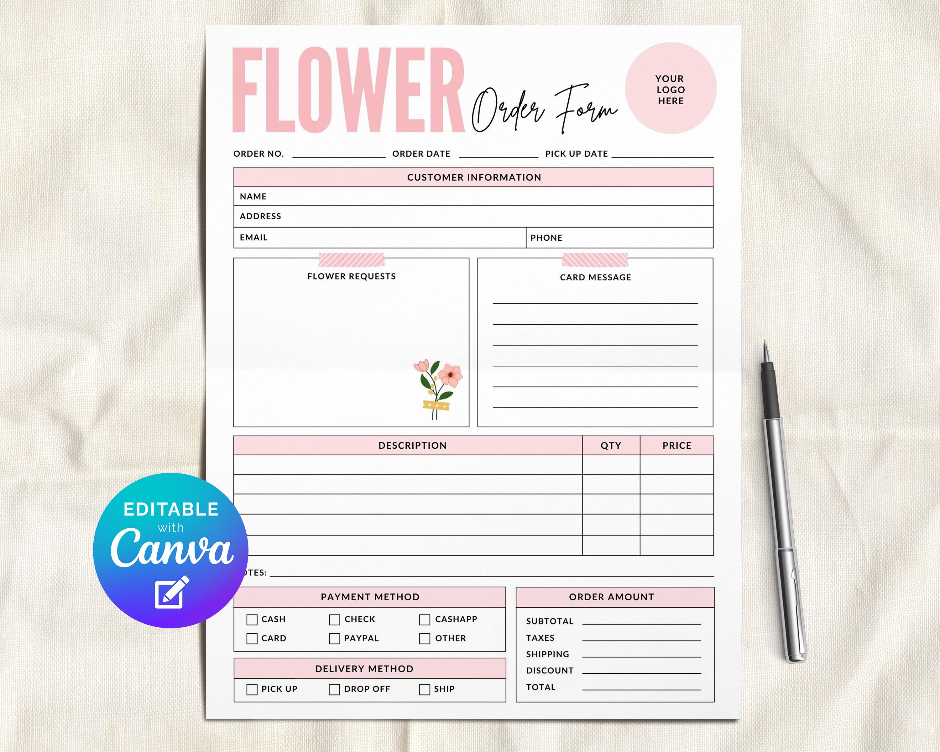 Florist Order Form Editable Template, Flower Bouquet Invoice Form ...