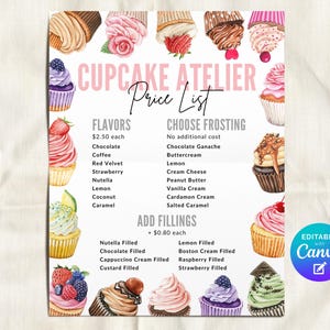 May include: A watercolor-style cupcake price list with the text "Cupcake Atelier Price List." The list includes flavors, frostings, and fillings, with cupcake illustrations in various colors. The Canva logo is in the bottom right corner.