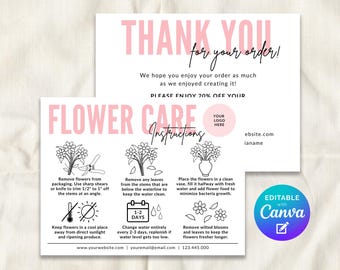 Modello modificabile per la scheda con le istruzioni per la cura dei fiori, etichette per la guida alla cura dei bouquet di fiori recisi freschi, confezioni di ringraziamento per fioristi