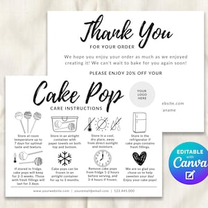 May include: A white and black card with "Thank You" and "Cake Pop" in elegant script. The card includes care instructions, a logo placeholder, and a "20% OFF" offer. A Canva logo is in the bottom right corner.